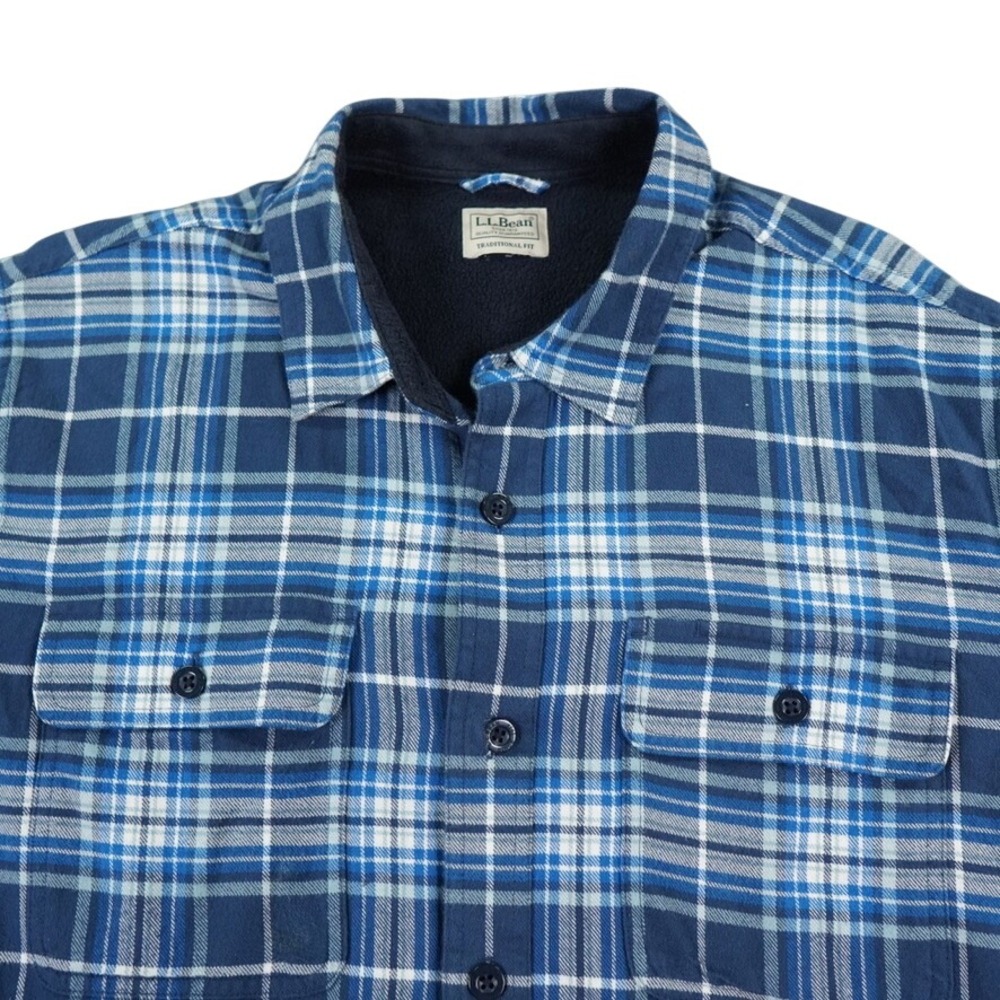 LL Bean Flannel Shirt Jacket Mens Large Blue Plaid Fleece Lined Traditional Fit